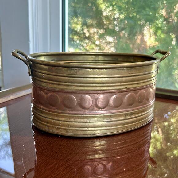 Vintage Brass & Copper Oval Jardiniere Planter with Handles - Picture 1 of 16